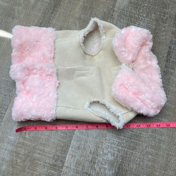 Dog Pet Coat Embroidered Jacket Medium Beige Suede Jacket Pink Fur Collar Fleece - Picture 10 of 11